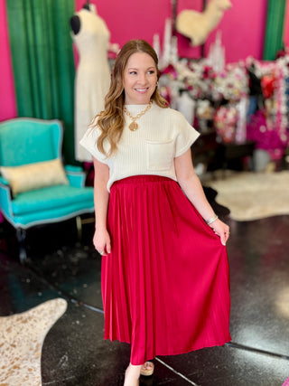 Deep Red Satin Pleated Midi Skirt