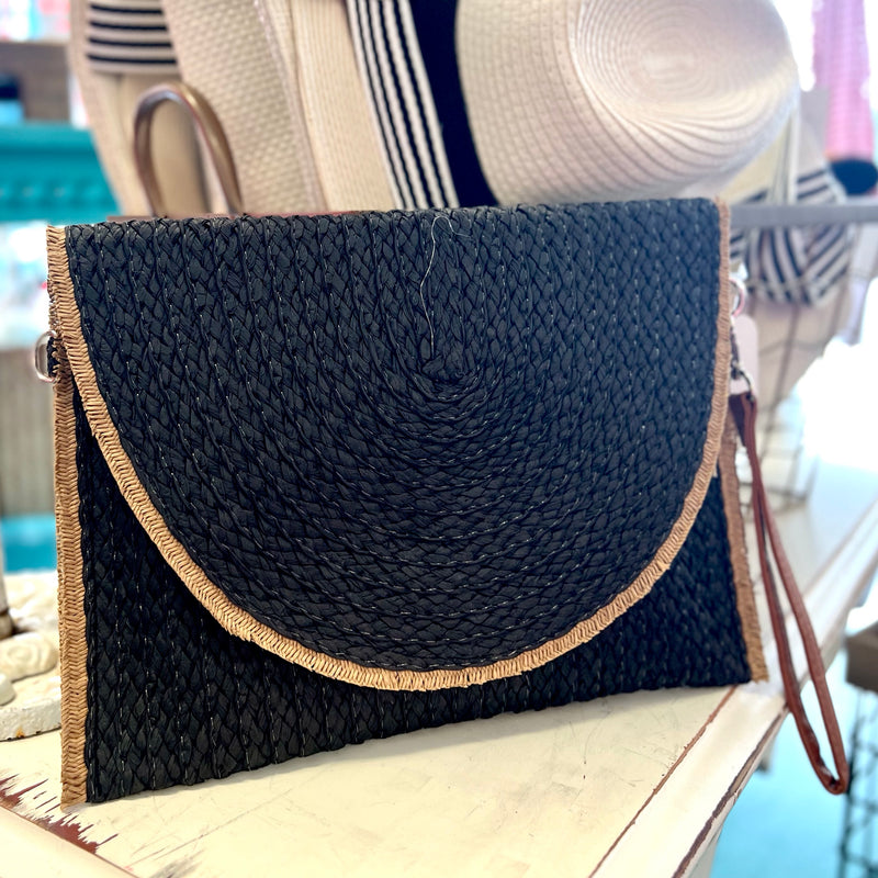 Black Raffia Woven Clutch