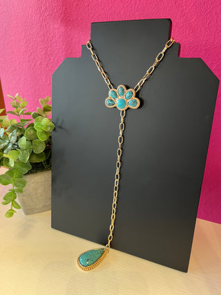 Gold & Turq Half Flower Y Necklace