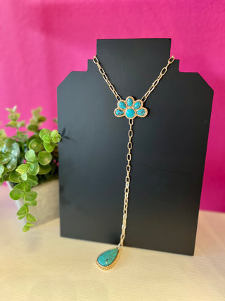 Gold & Turq Half Flower Y Necklace