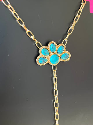 Gold & Turq Half Flower Y Necklace