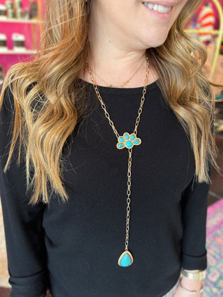 Gold & Turq Half Flower Y Necklace