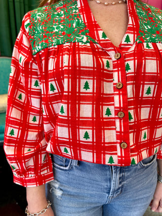 Jane Red Plaid & Embroidery Top