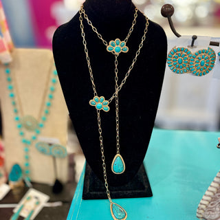 Gold & Turq Half Flower Y Necklace