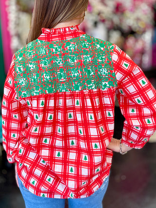 Jane Red Plaid & Embroidery Top