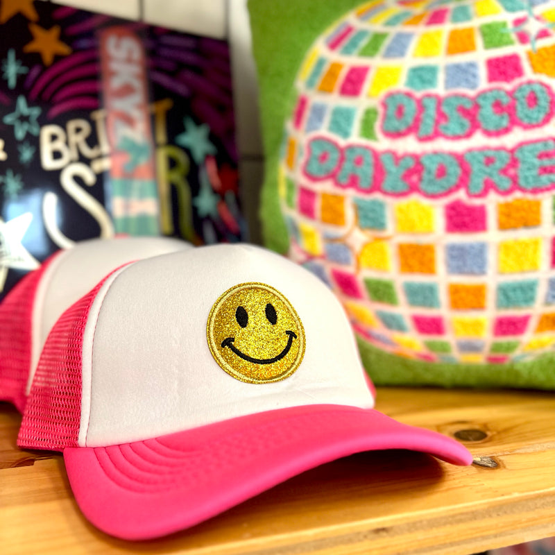 Neon Pink Glitter Smile Trucker Hat