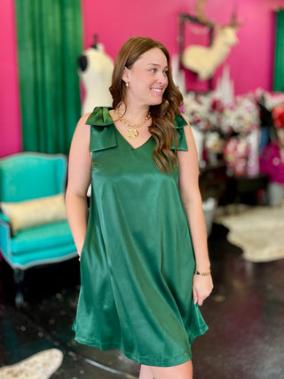 Emerald Green Satin Bow Dress