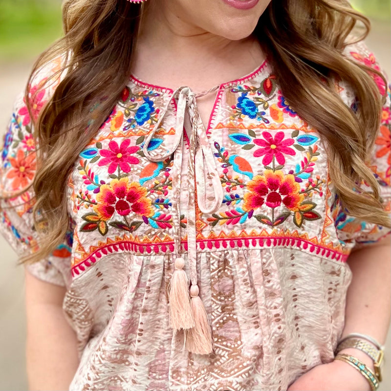 Plus Taupe Floral Embroidery Top