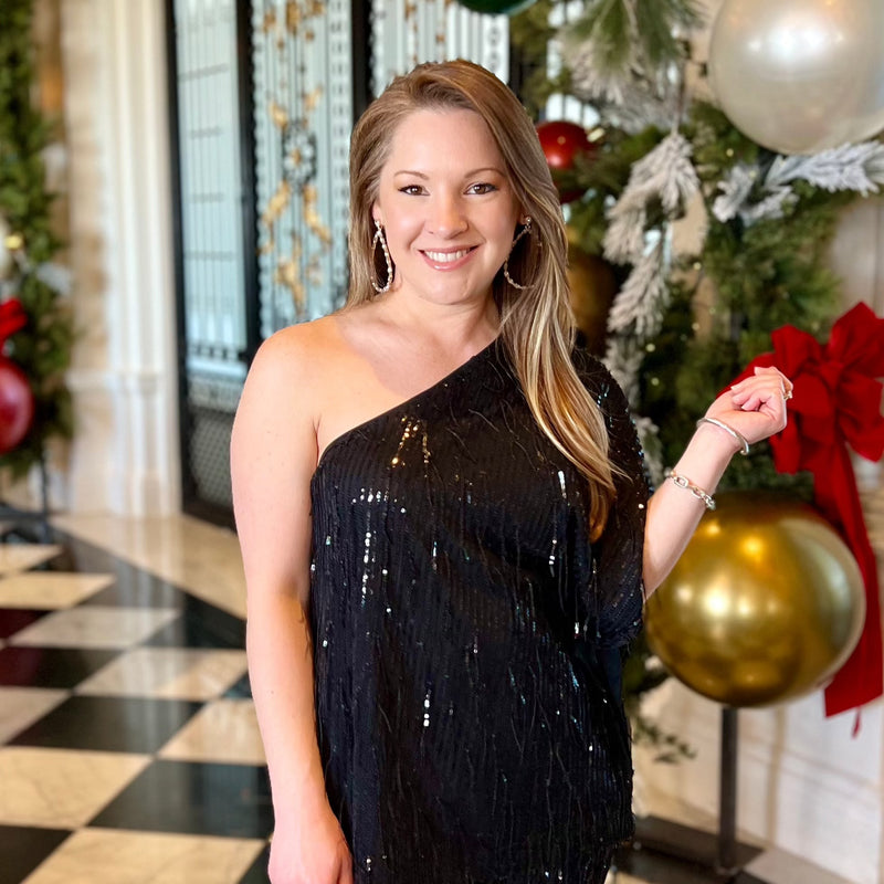Black sequin off online the shoulder top