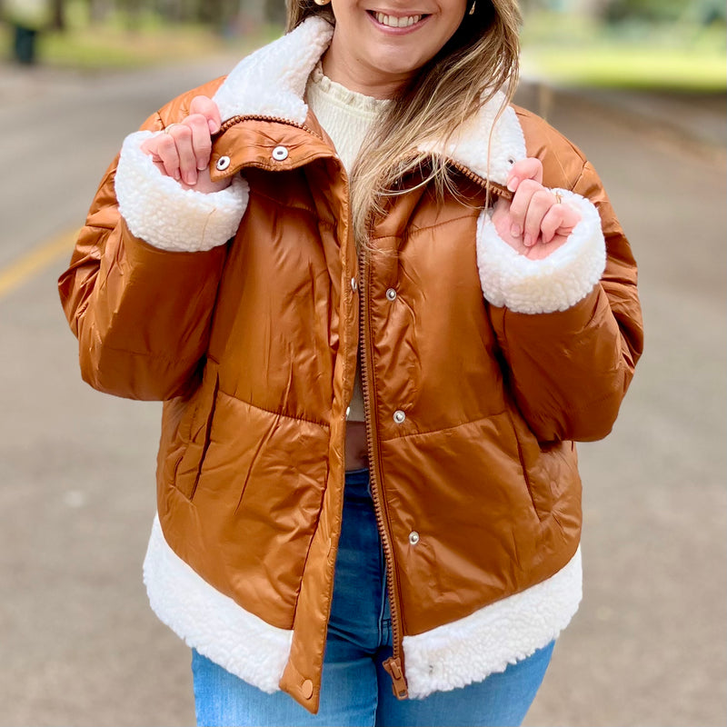 Leavin Camel Sherpa Puffer Jacket Queen Bling Boutique