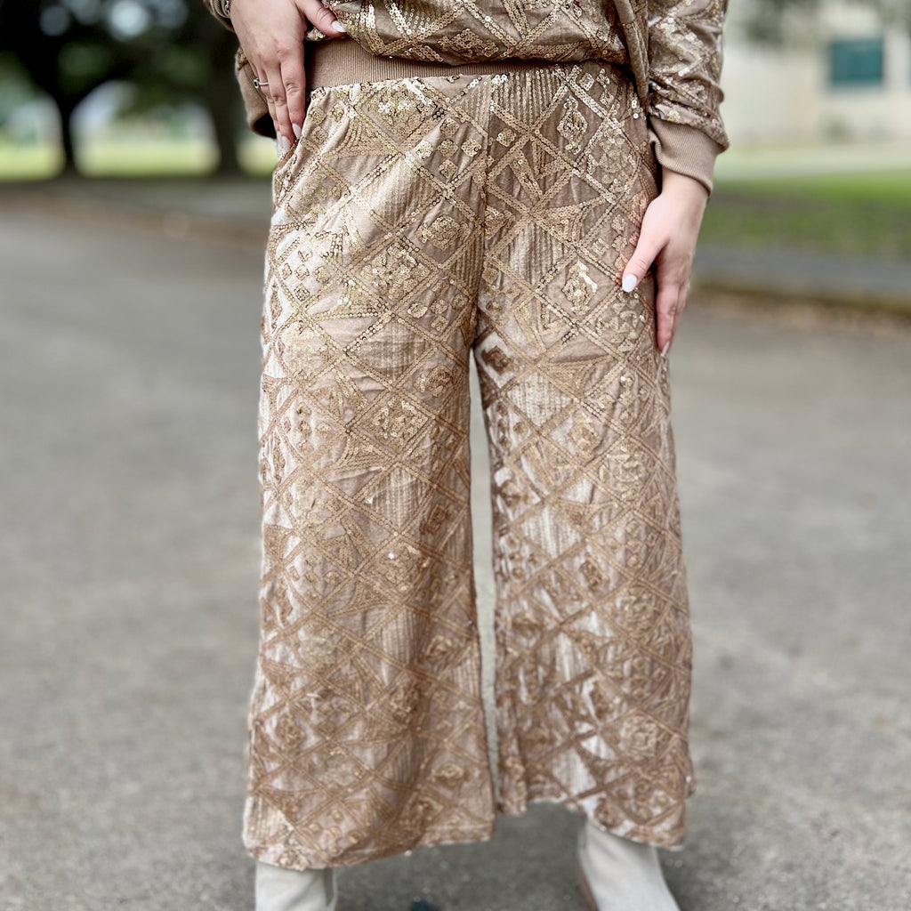 Gold Sequin Design Velvet Crop Pant