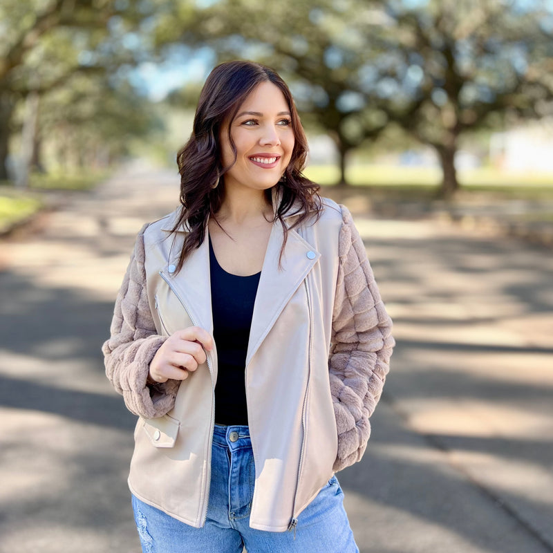 Kiersten Taupe Leather & Fur Moto Jacket