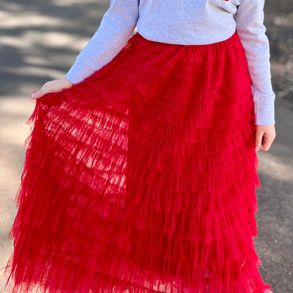 Frilly Girl Red Mesh Maxi Skirt