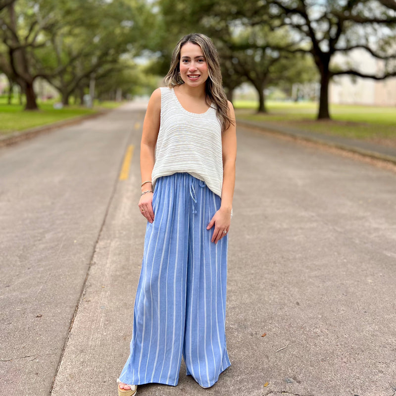 Blue striped wide leg pants sales