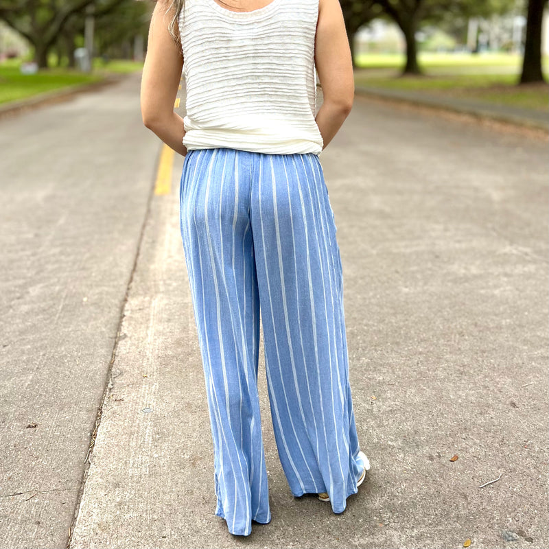Blue and white vertical striped pants shop