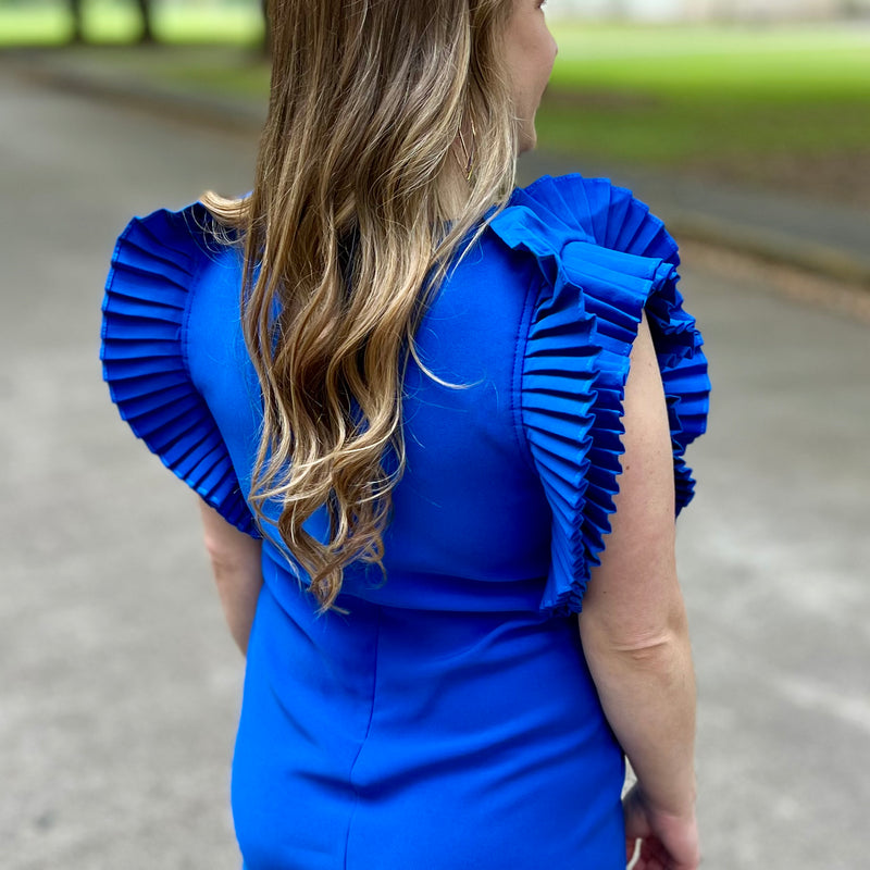 Royal Blue Pleated Shoulder Dress
