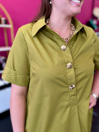 Chartreuse 3 Gold Button Midi Dress