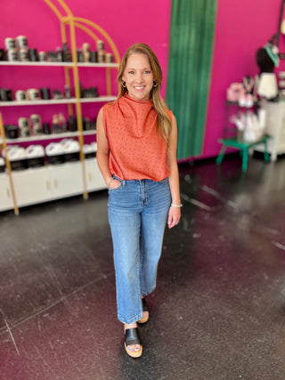 Burnt Orange & Black Polka High Neck Top