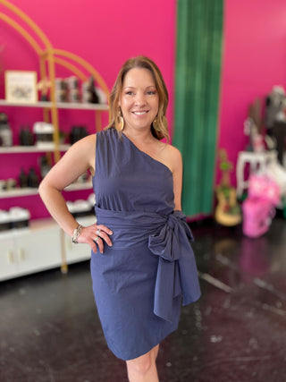 Navy 1 Shoulder Bow Tie Dress