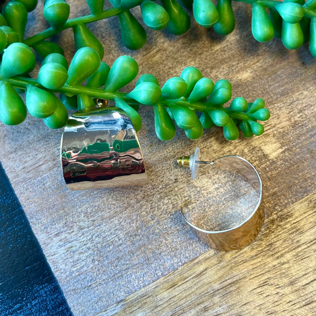 Gold Hammered Wide Hoop Earrings