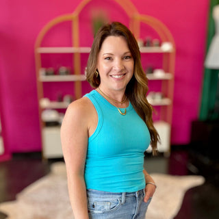 Aqua Blue High Neck Ribbed Top