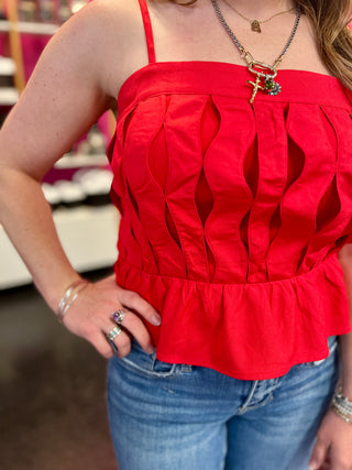 Red Wave Detail Sleeveless Top