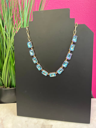 Too Chic Rectangle Denim Blue & Gold Chain Necklace