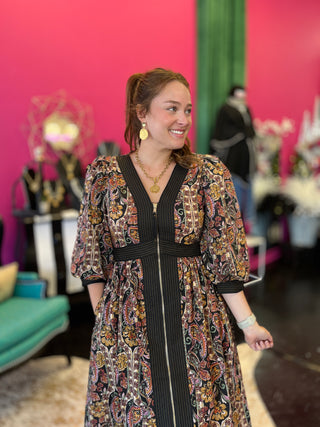 Black Paisley Print Midi Dress