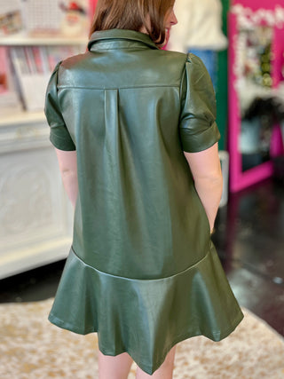 Olive Faux Leather Flare Dress