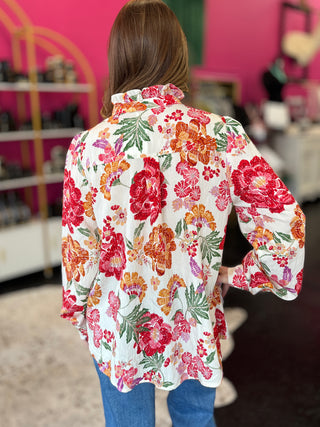 Cream, Red, & Orange Floral Print Top