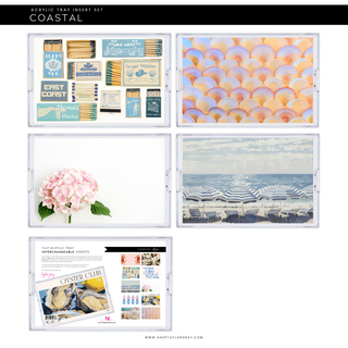Set of acrylic tray inserts with coastal-themed designs on a white background.