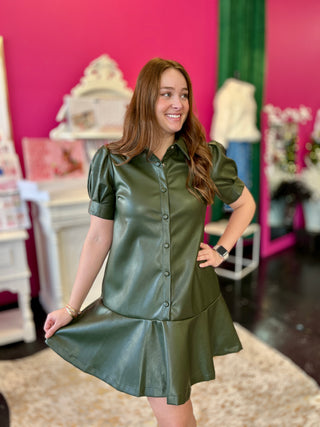 Olive Faux Leather Flare Dress