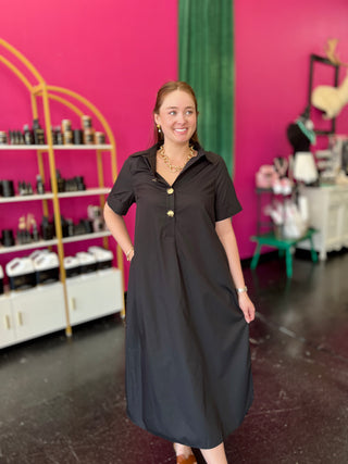 Black 3 Gold Button Midi Dress