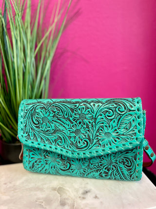 Darling Turquoise Tooled Flap Purse