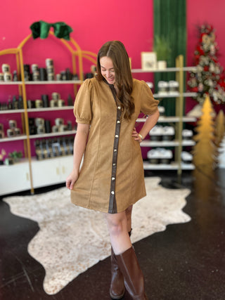 Camel Faux Suede Button Up Dress by THML