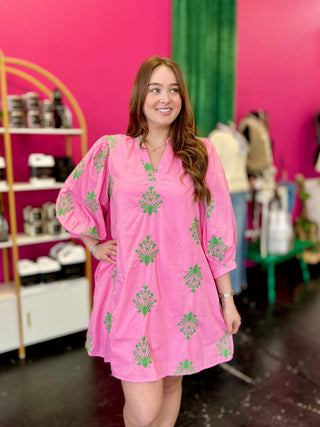 Panama Pink & Green Embroidery Dress