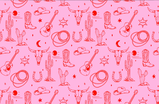 Pink pattern with cowboy-themed illustrations including boots, hats, guitars, and cacti on a pink background.