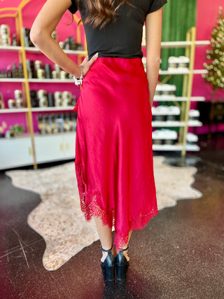 Red Satin & Lace Asymmetrical Midi Skirt