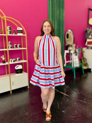 Red & Lt Blue Striped High Neck Dress