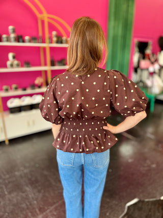 Brown & Cream Polka Dot Peplum Top
