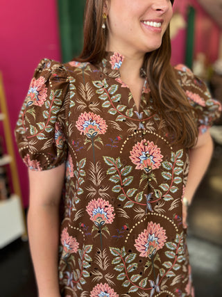 Brown Fall Floral Midi Dress