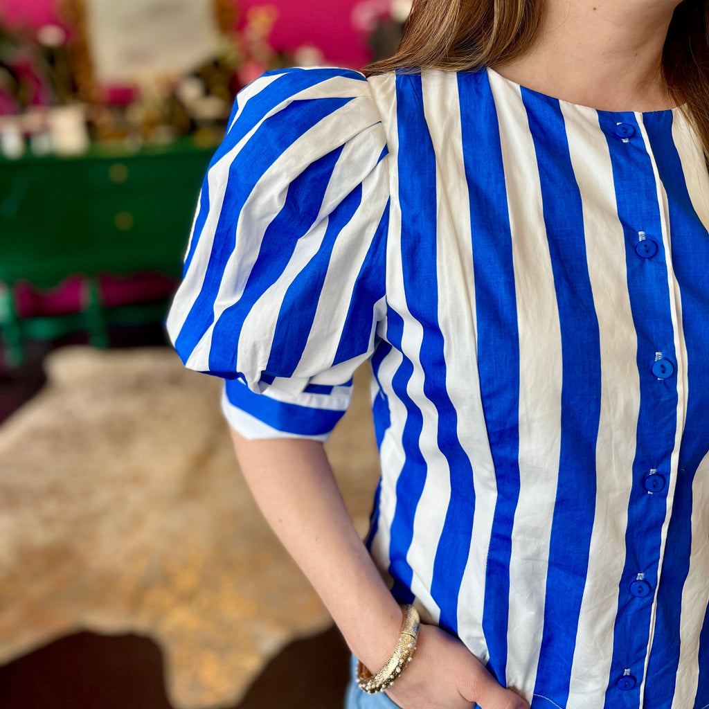 Royal Blue Striped Puff Sleeve Top