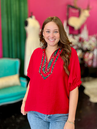 Red & Tartan Plaid Trim Top