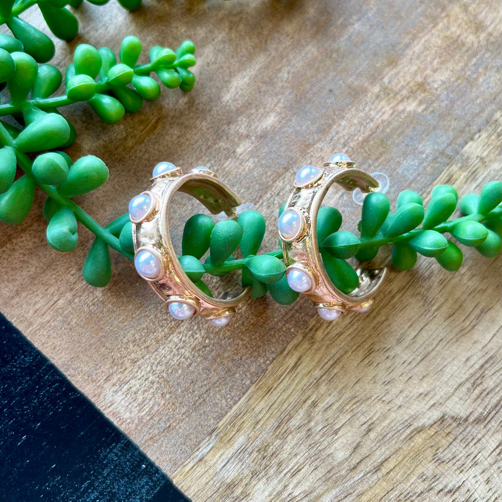 Gold & Pearl Stone Hoops