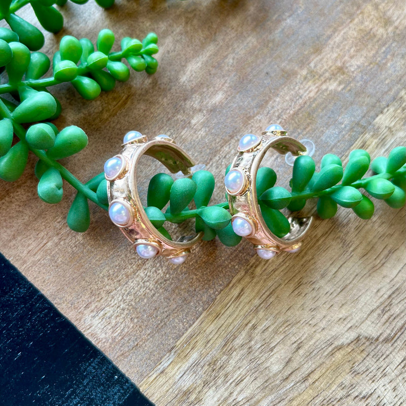 Gold & Pearl Stone Hoops