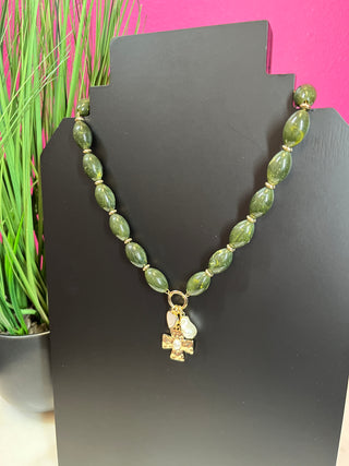 Olive Green Beaded Charm Pendant Necklace