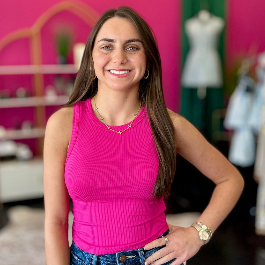 Hot Pink High Neck Ribbed Top