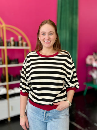 Black Striped & Maroon Trim Top