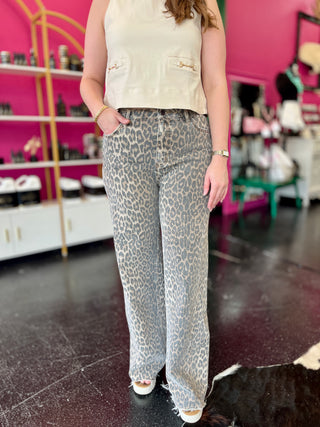 Leopard High Rise Wide Leg Denim Jeans