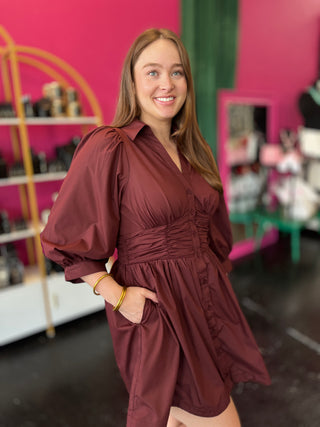 Maroon Balloon Sleeve Dress